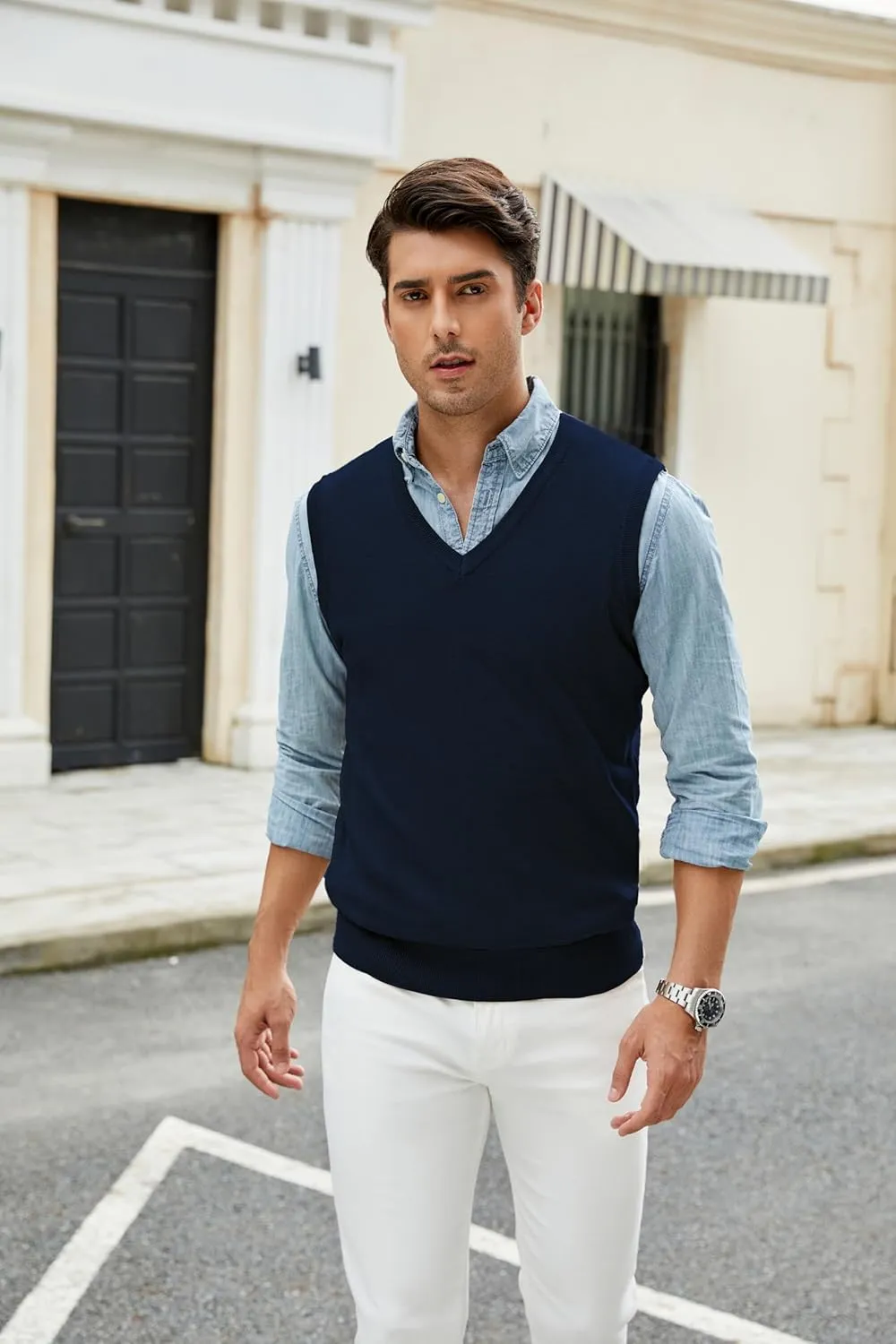 Men's V-Neck Sweater Vest Wool Blend Knitted Sleeveless Pullover Sweater Vests
