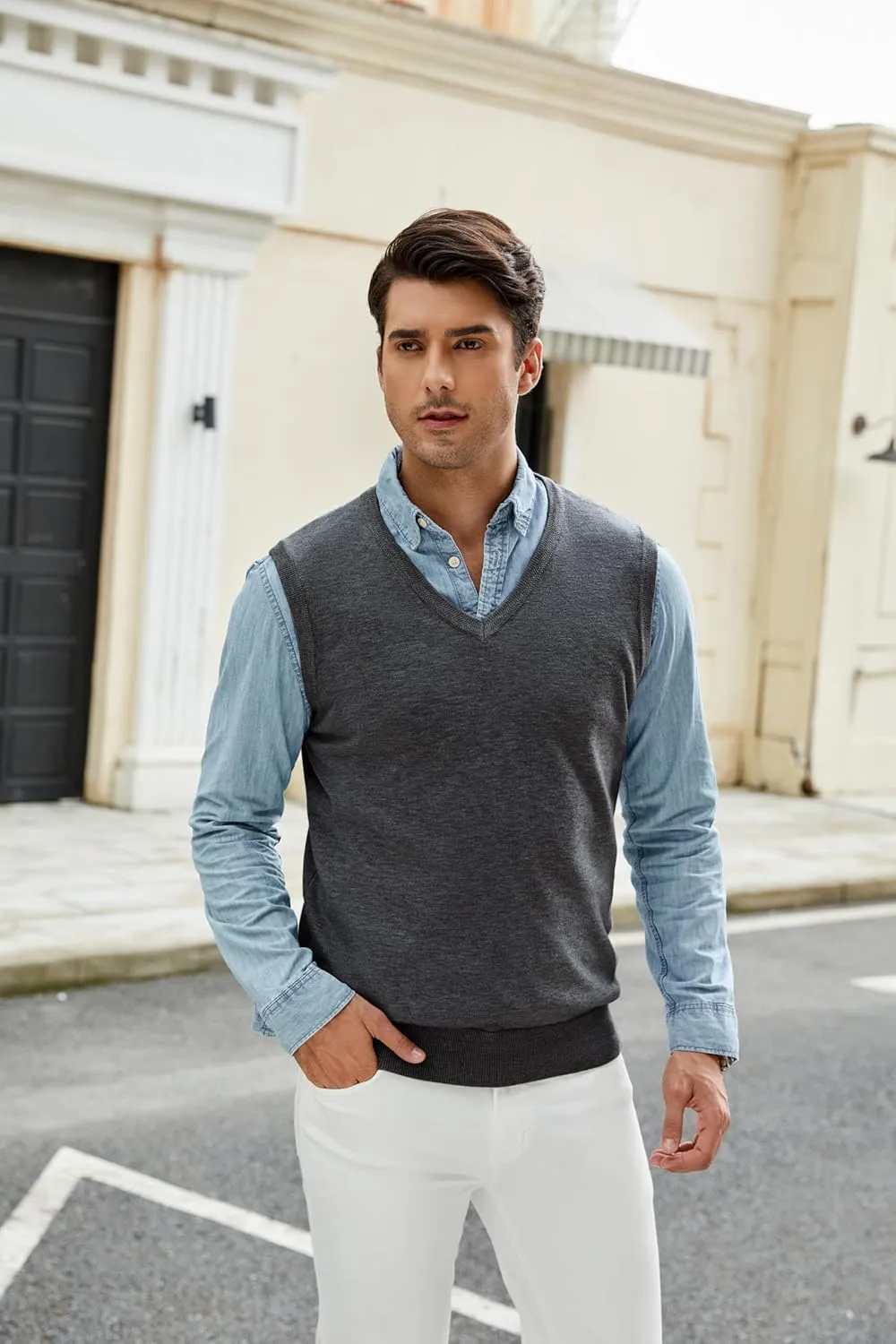 Men's V-Neck Sweater Vest Wool Blend Knitted Sleeveless Pullover Sweater Vests