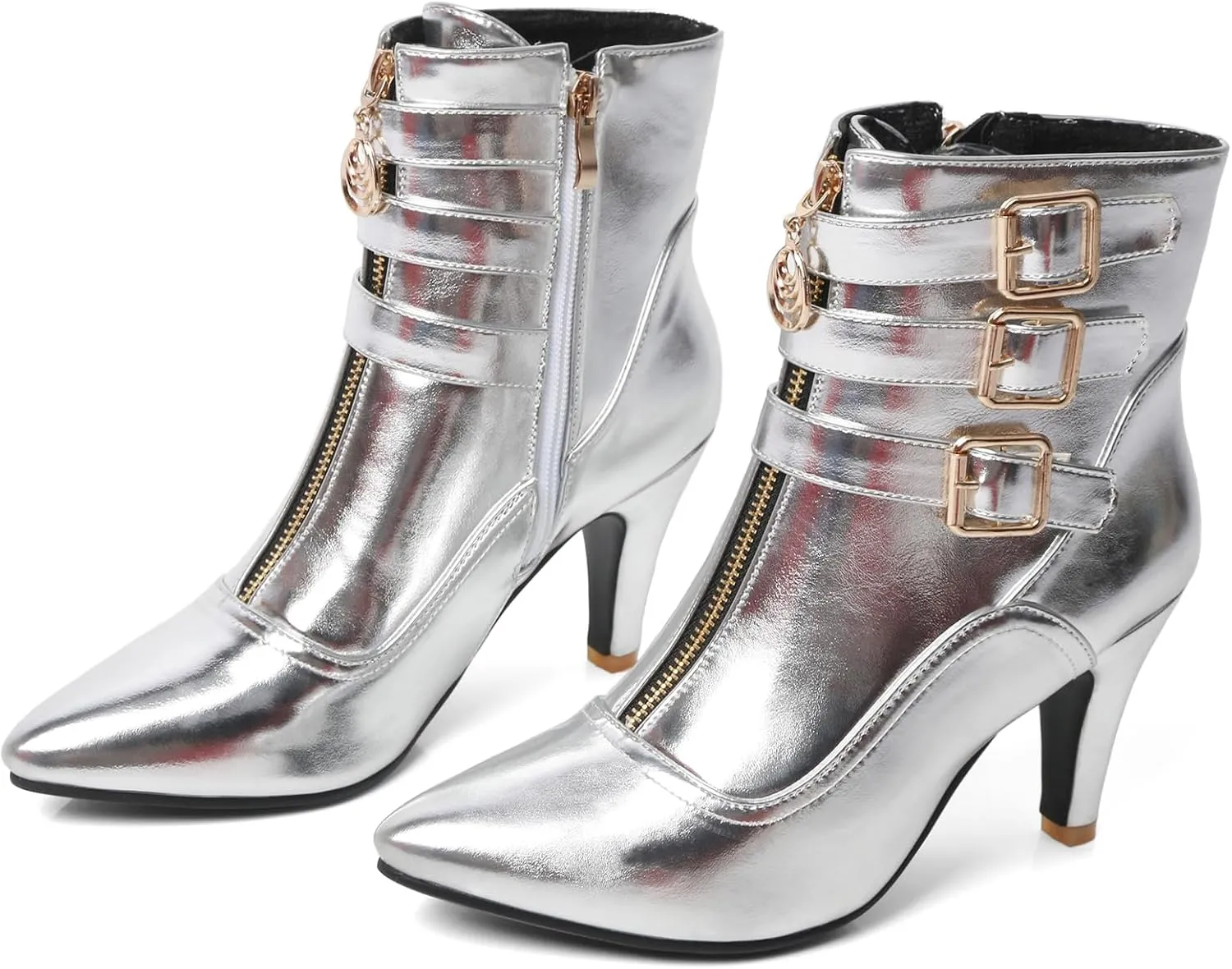 MEOTINA Gold High Heels for Women Kitten Heel Pointed Toe Short Womens Booties Buckle High Heeled Ankle Metallic Shoes