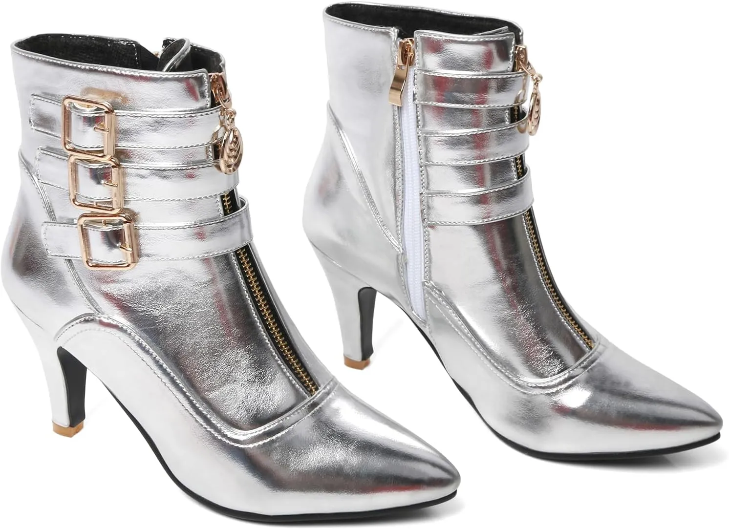 MEOTINA Gold High Heels for Women Kitten Heel Pointed Toe Short Womens Booties Buckle High Heeled Ankle Metallic Shoes
