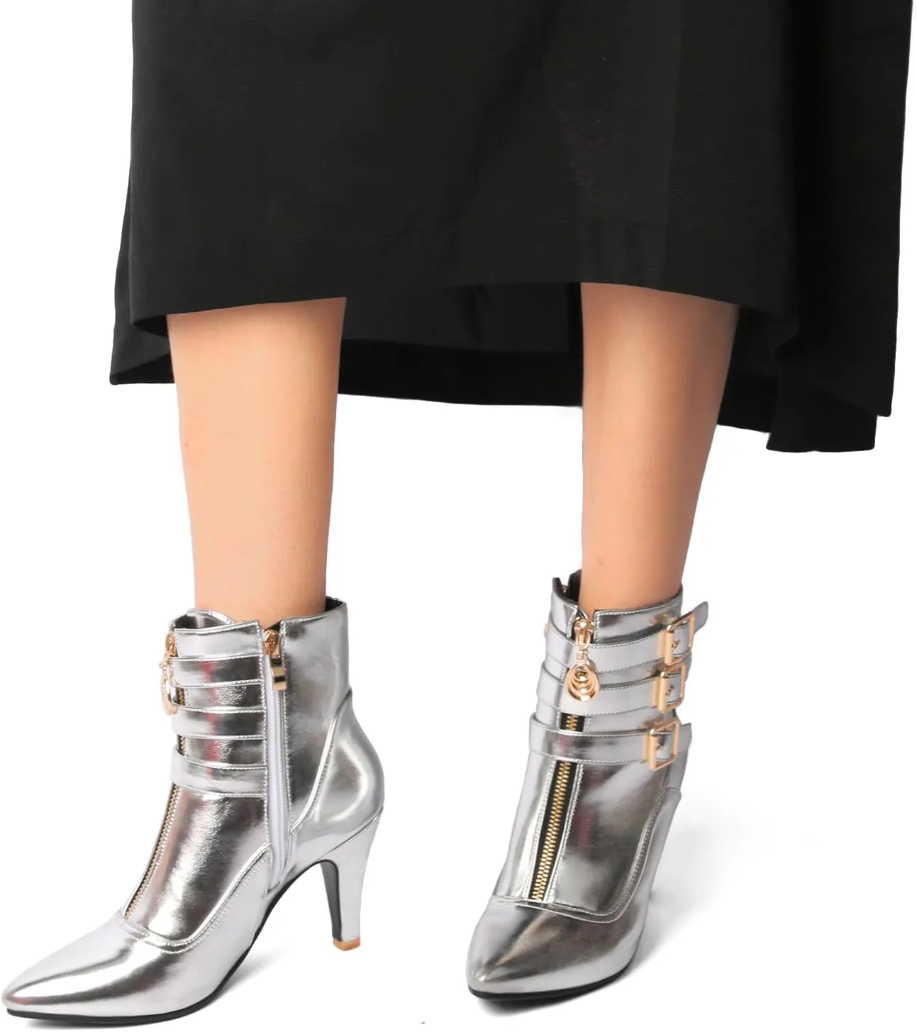 MEOTINA Gold High Heels for Women Kitten Heel Pointed Toe Short Womens Booties Buckle High Heeled Ankle Metallic Shoes