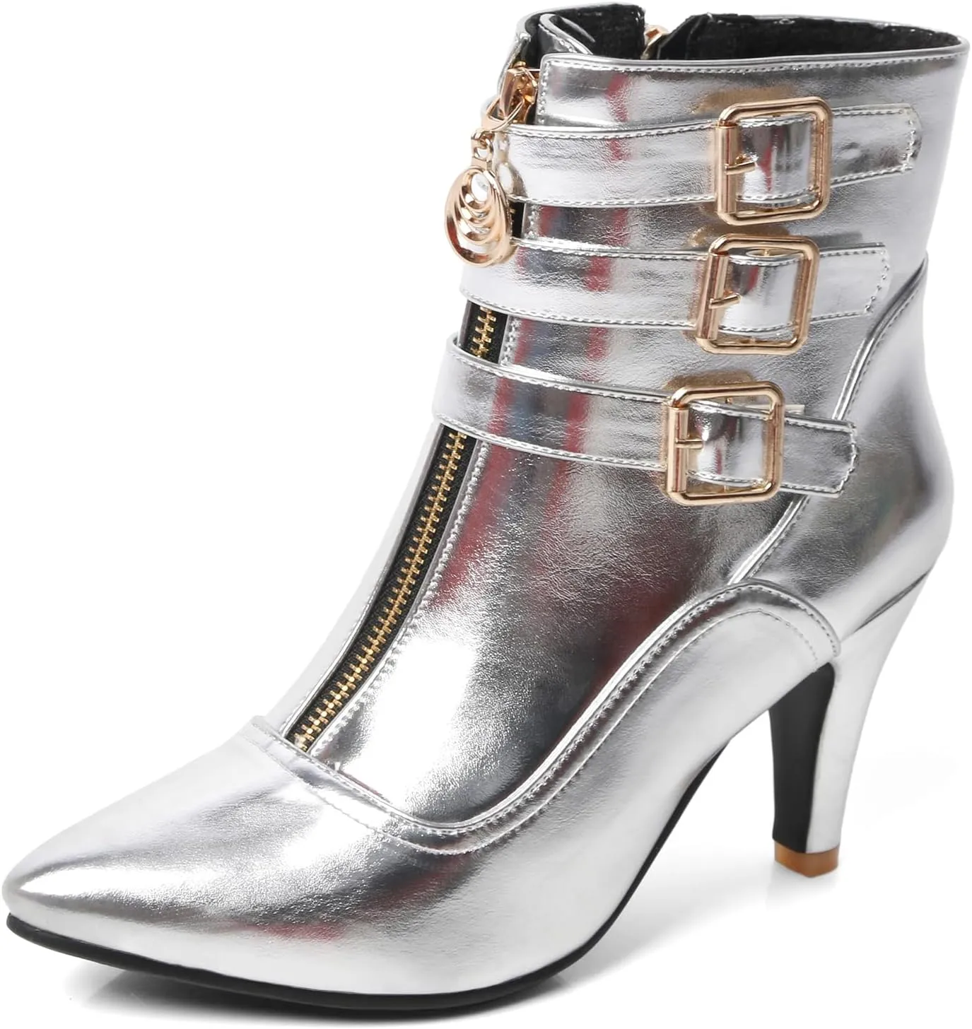 MEOTINA Gold High Heels for Women Kitten Heel Pointed Toe Short Womens Booties Buckle High Heeled Ankle Metallic Shoes