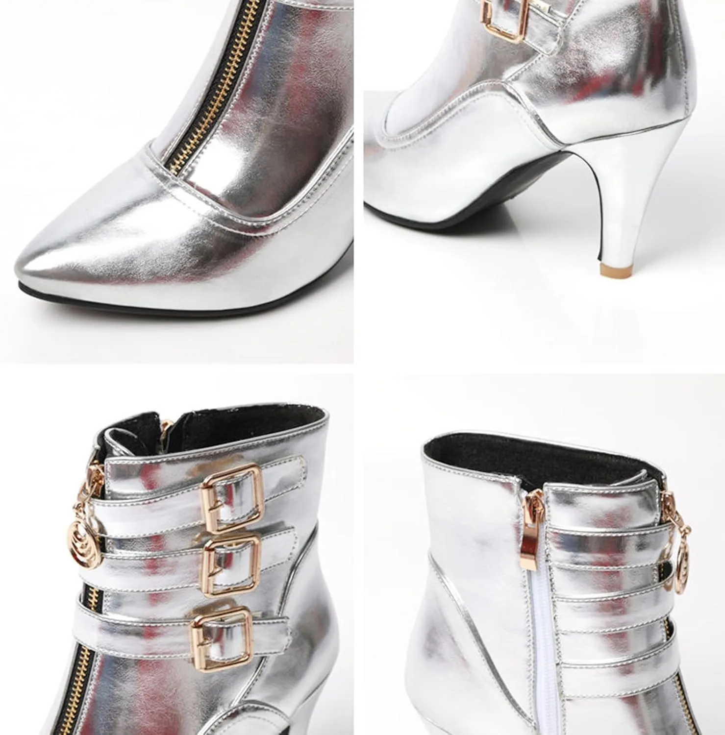 MEOTINA Gold High Heels for Women Kitten Heel Pointed Toe Short Womens Booties Buckle High Heeled Ankle Metallic Shoes