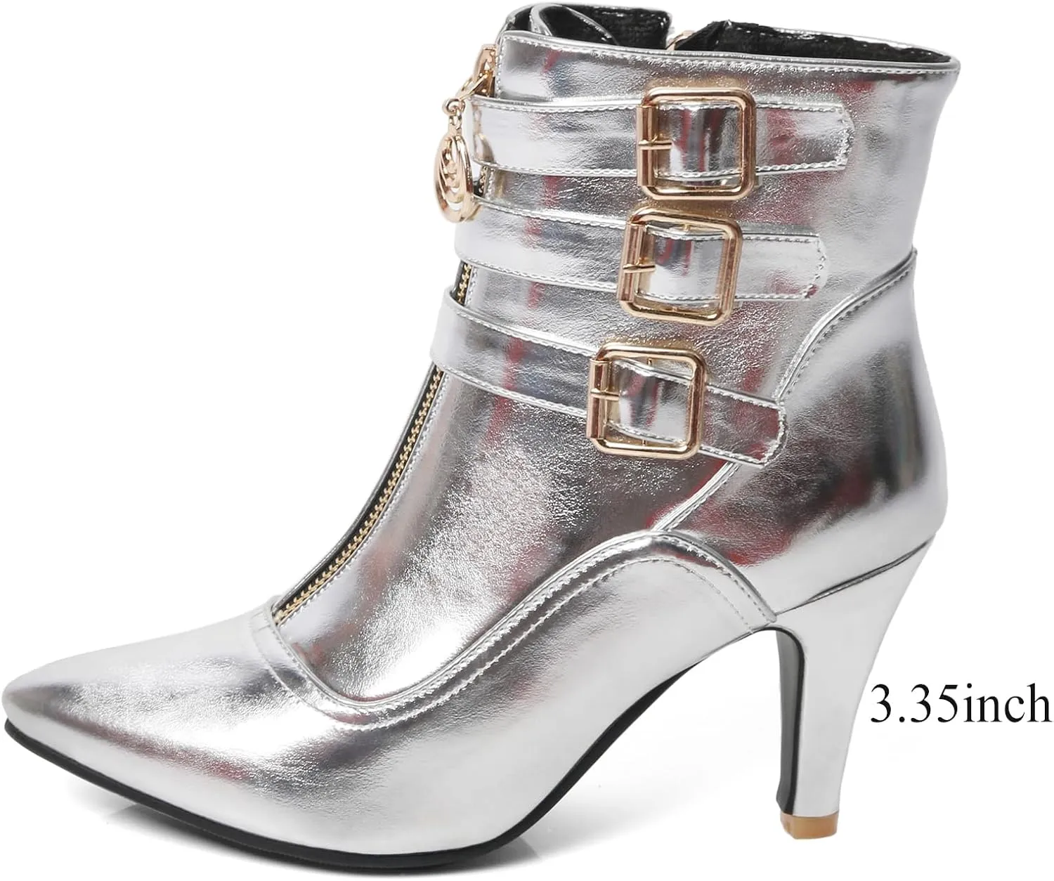 MEOTINA Gold High Heels for Women Kitten Heel Pointed Toe Short Womens Booties Buckle High Heeled Ankle Metallic Shoes