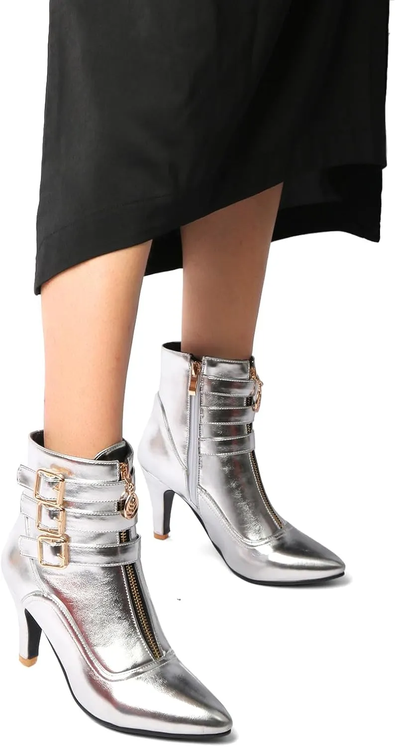MEOTINA Gold High Heels for Women Kitten Heel Pointed Toe Short Womens Booties Buckle High Heeled Ankle Metallic Shoes