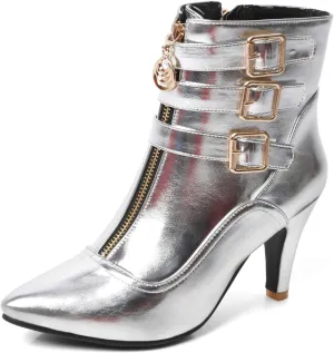 MEOTINA Gold High Heels for Women Kitten Heel Pointed Toe Short Womens Booties Buckle High Heeled Ankle Metallic Shoes