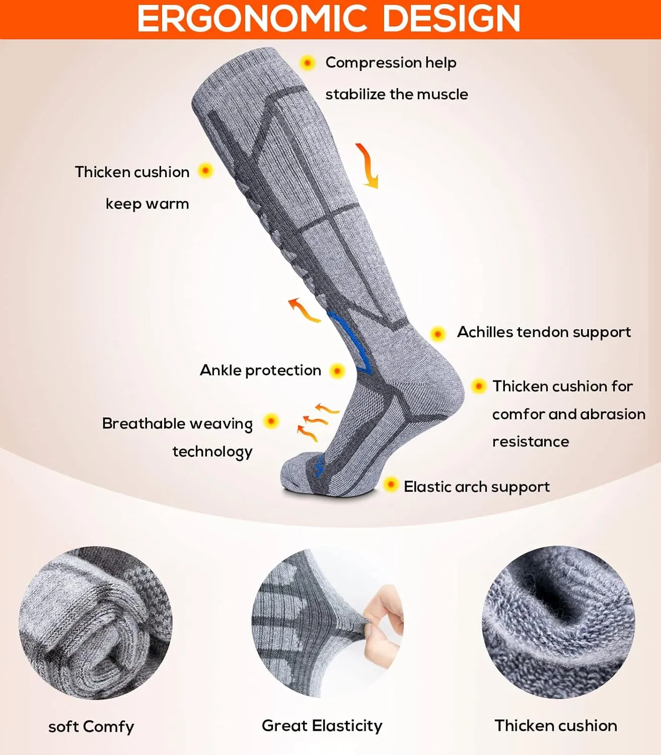 Merino Wool Ski Socks for Men & Women, Knee-High Winter Thermal Snowboarding Socks Packs