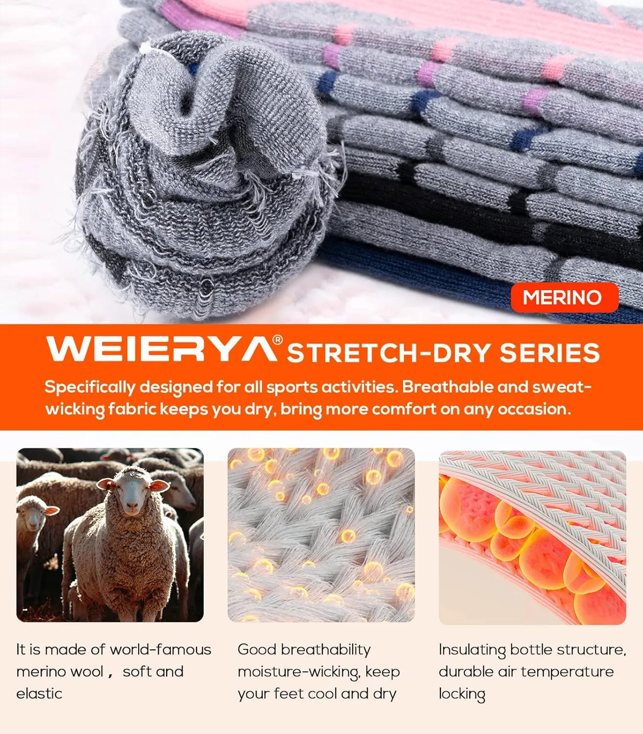 Merino Wool Ski Socks for Men & Women, Knee-High Winter Thermal Snowboarding Socks Packs