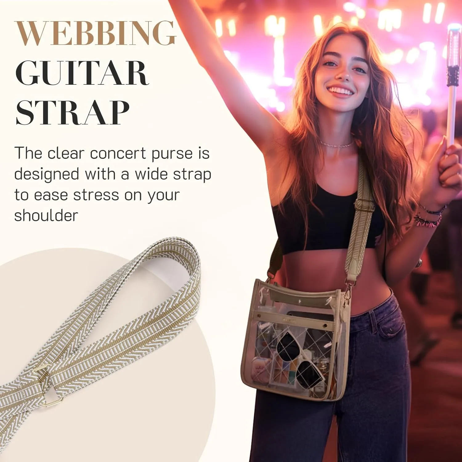 Missnine Clear Crossbody Bags for Women Stadium Approved Clear Purse for Concert Transparent Plastic Bag with Guitar Strap