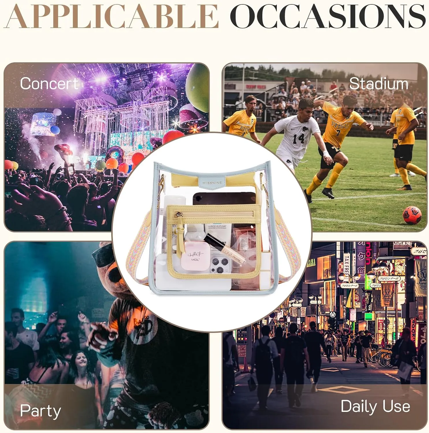 Missnine Clear Crossbody Bags for Women Stadium Approved Clear Purse for Concert Transparent Plastic Bag with Guitar Strap