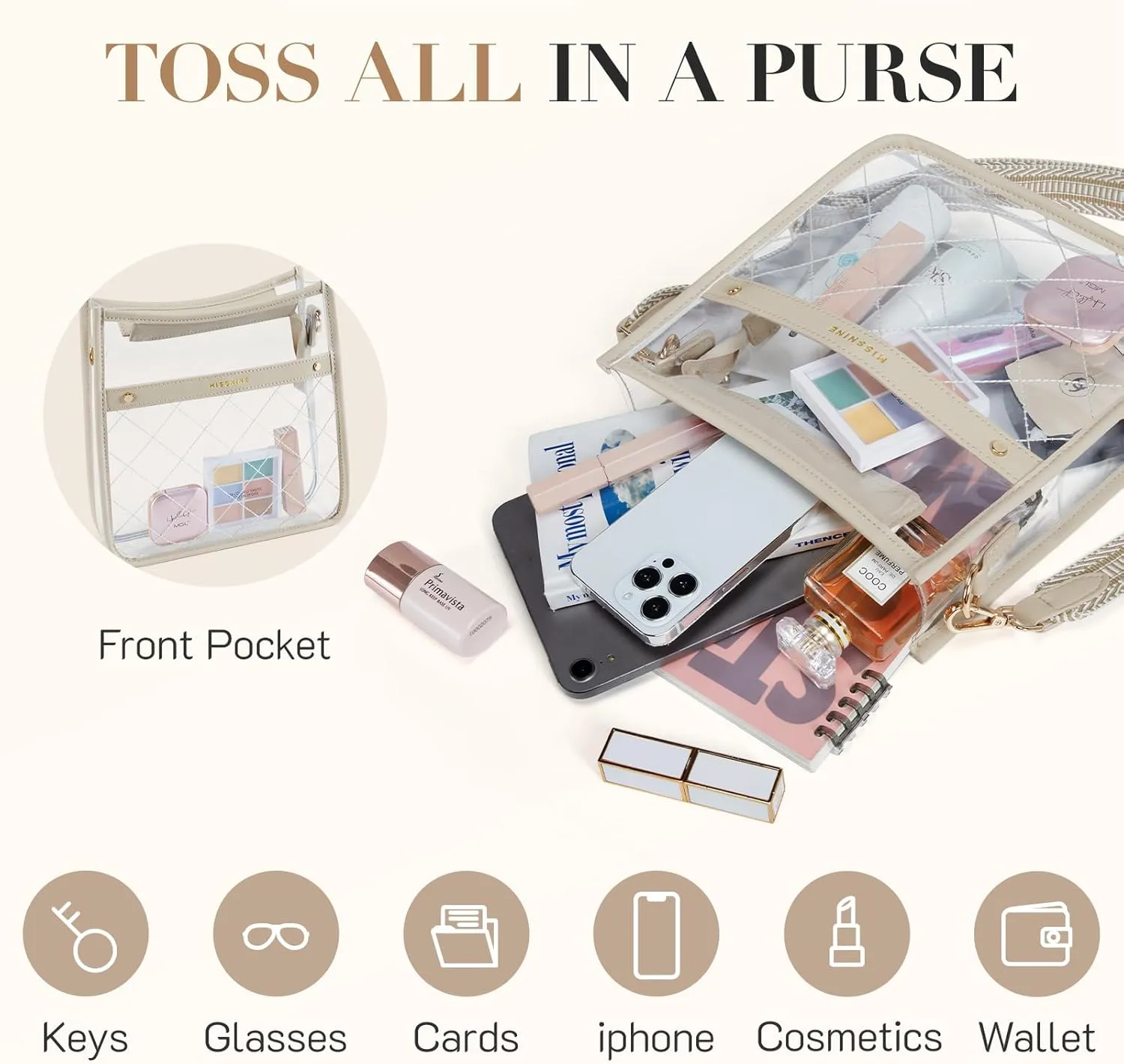 Missnine Clear Crossbody Bags for Women Stadium Approved Clear Purse for Concert Transparent Plastic Bag with Guitar Strap