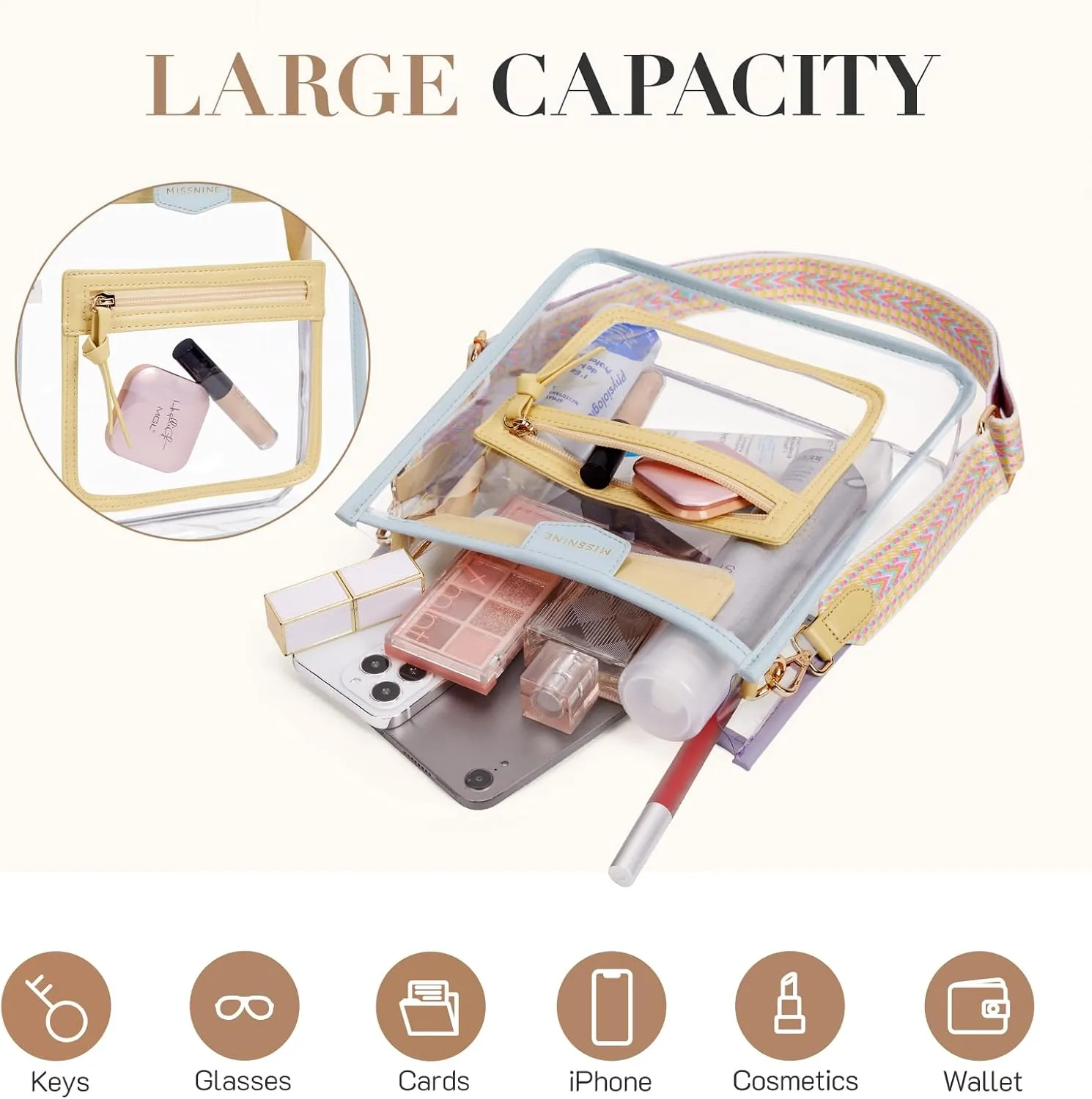 Missnine Clear Crossbody Bags for Women Stadium Approved Clear Purse for Concert Transparent Plastic Bag with Guitar Strap