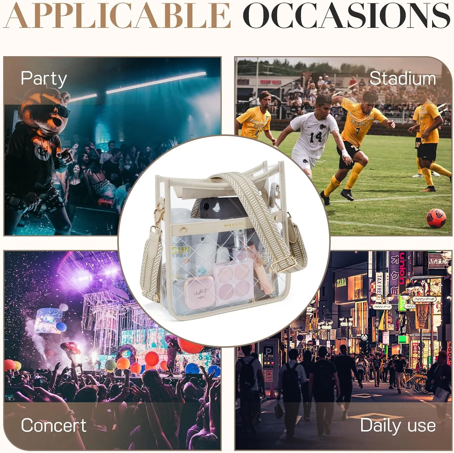 Missnine Clear Crossbody Bags for Women Stadium Approved Clear Purse for Concert Transparent Plastic Bag with Guitar Strap