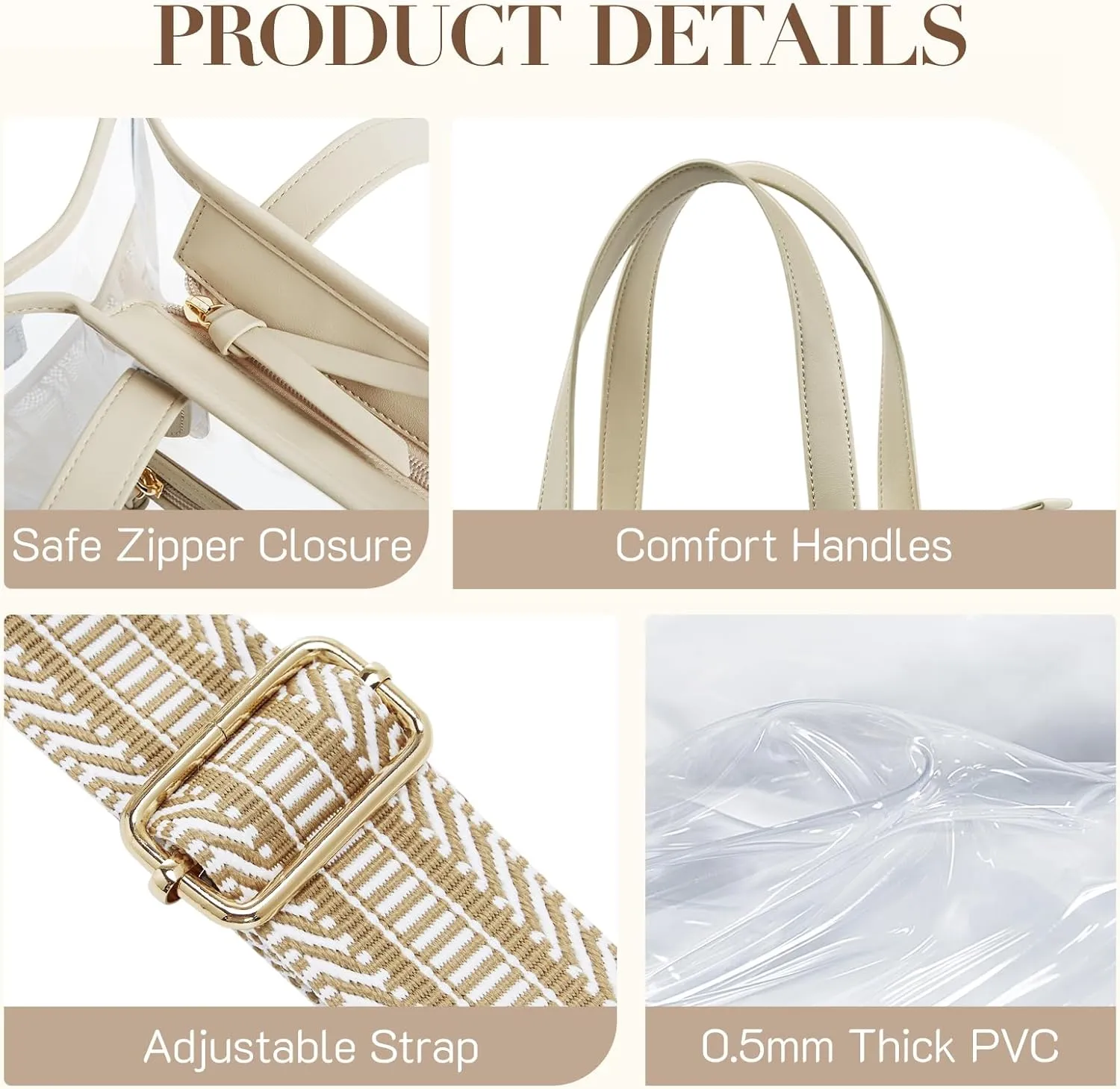 Missnine Clear Tote Bag for Women Thick PVC Clear Bag for Stadium Events with Guitar Strap Transparent for Concert Beach
