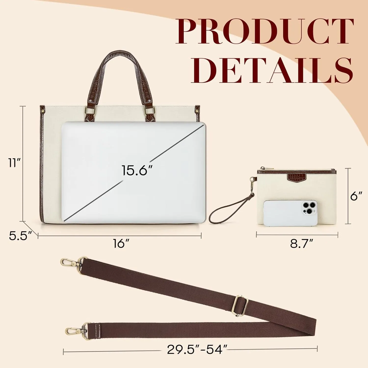 Missnine Laptop Tote Bag for Women 15.6 Inch 2PCS Set, Canvas Work Shoulder Bags with Clutch Purse for Travel, Office, University