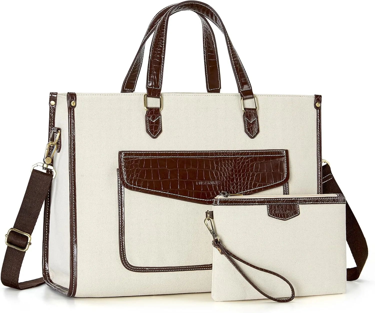 Missnine Laptop Tote Bag for Women 15.6 Inch 2PCS Set, Canvas Work Shoulder Bags with Clutch Purse for Travel, Office, University