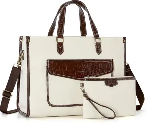 Missnine Laptop Tote Bag for Women 15.6 Inch 2PCS Set, Canvas Work Shoulder Bags with Clutch Purse for Travel, Office, University