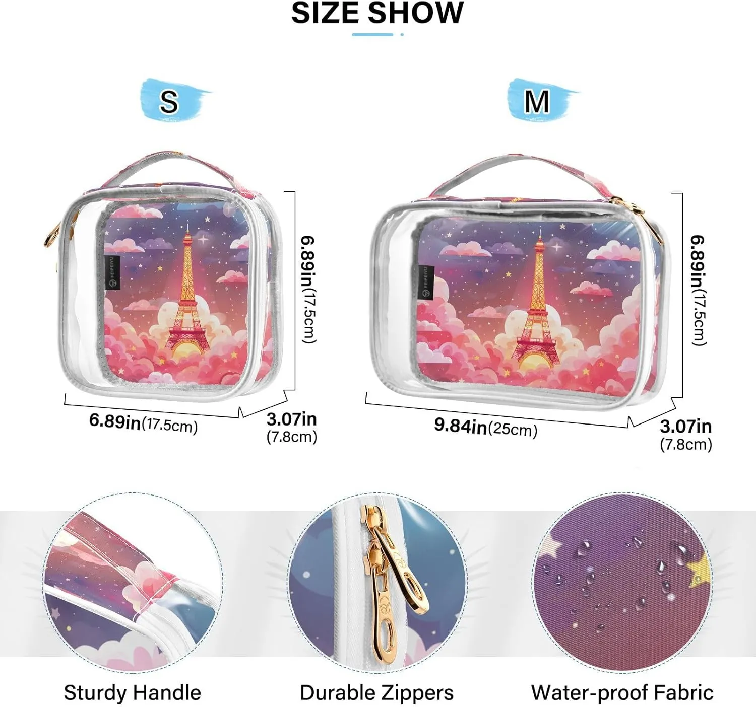 MNSRUU Clear Makeup Bags Kawaii Eiffel Tower Toiletry Bag for Women 2 PCS Waterproof Clear Bags Clear Travel Toiletry Bag Small Cosmetic Makeup Bag, Carry on Airport Airline Compliant Bag