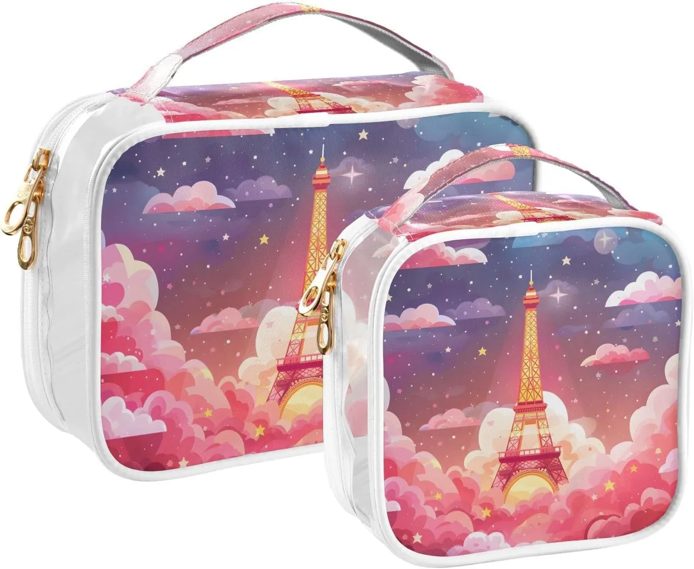 MNSRUU Clear Makeup Bags Kawaii Eiffel Tower Toiletry Bag for Women 2 PCS Waterproof Clear Bags Clear Travel Toiletry Bag Small Cosmetic Makeup Bag, Carry on Airport Airline Compliant Bag