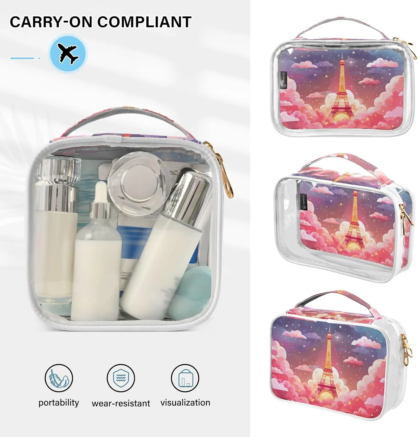 MNSRUU Clear Makeup Bags Kawaii Eiffel Tower Toiletry Bag for Women 2 PCS Waterproof Clear Bags Clear Travel Toiletry Bag Small Cosmetic Makeup Bag, Carry on Airport Airline Compliant Bag