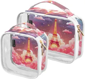 MNSRUU Clear Makeup Bags Kawaii Eiffel Tower Toiletry Bag for Women 2 PCS Waterproof Clear Bags Clear Travel Toiletry Bag Small Cosmetic Makeup Bag, Carry on Airport Airline Compliant Bag