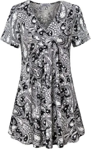 MOQIVGI Womens V Neck Printed Loose Fit Casual Blouse Top Tunic Shirt
