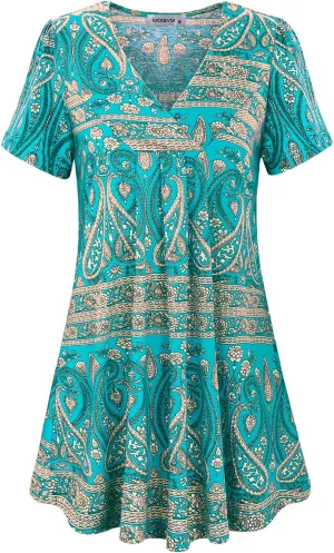 MOQIVGI Womens V Neck Printed Loose Fit Casual Blouse Top Tunic Shirt
