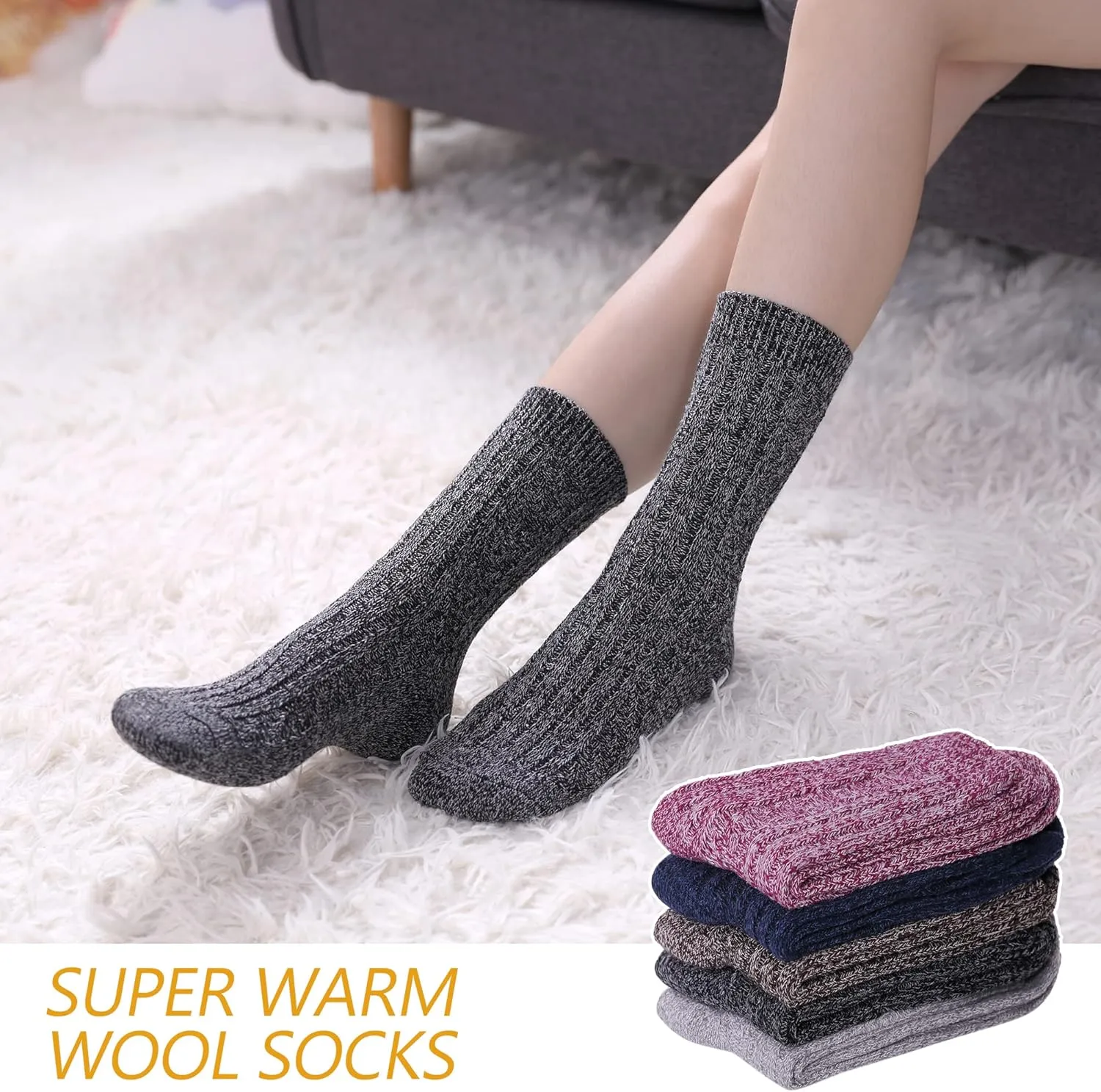 MQELONG Womens 5 Pairs Soft Thick Comfort Casual Cotton Warm Wool Crew Winter Socks
