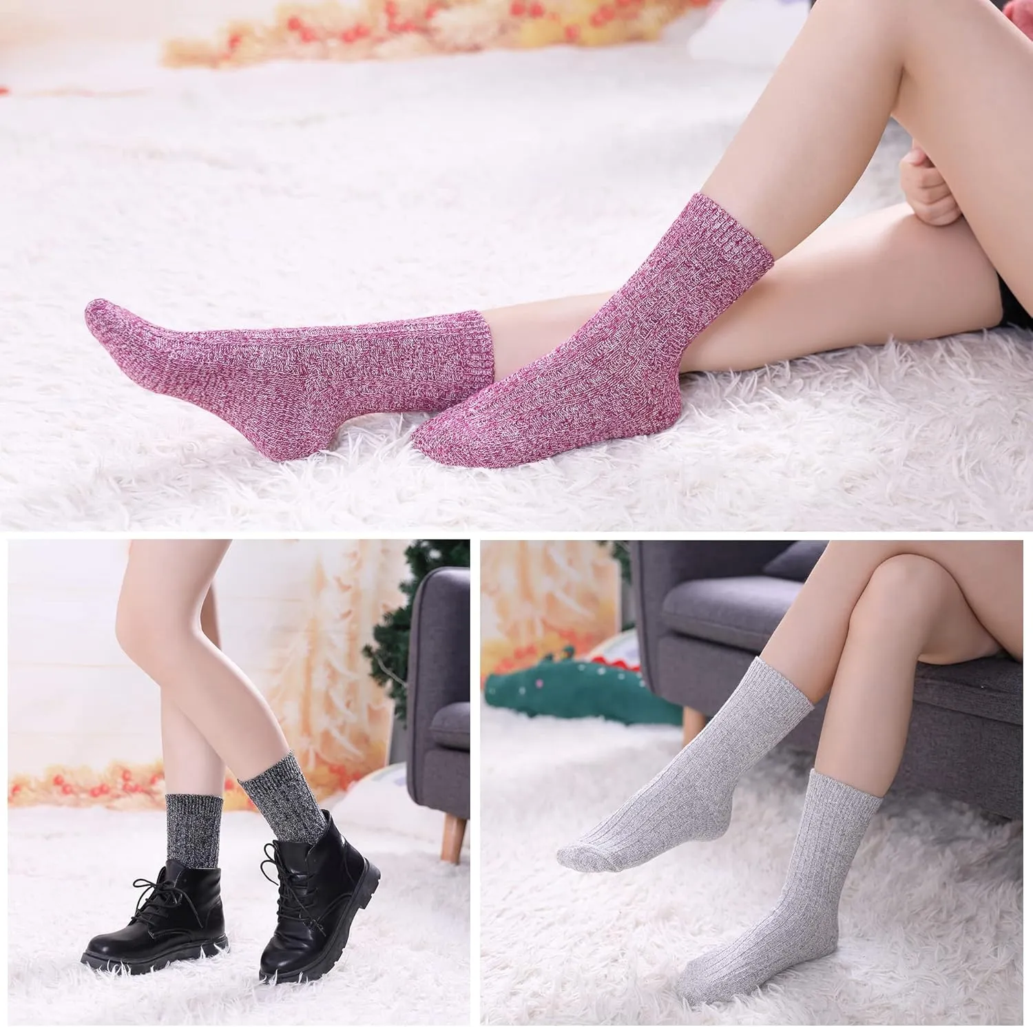 MQELONG Womens 5 Pairs Soft Thick Comfort Casual Cotton Warm Wool Crew Winter Socks