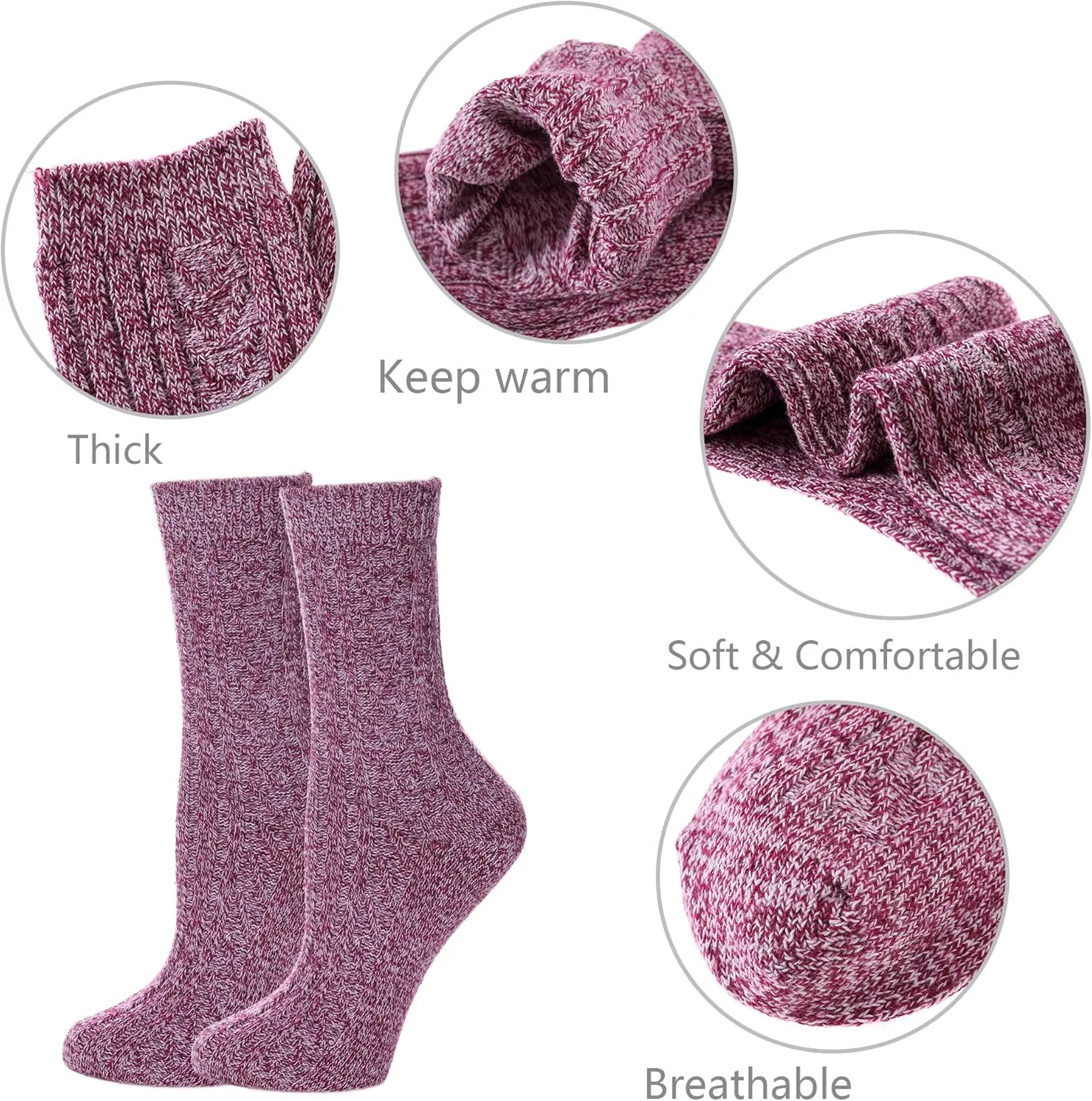 MQELONG Womens 5 Pairs Soft Thick Comfort Casual Cotton Warm Wool Crew Winter Socks