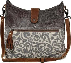 Myra Bag Flourish Shoulder Bag Upcycled Canvas, Rug, Leather & Cowhide S-2655