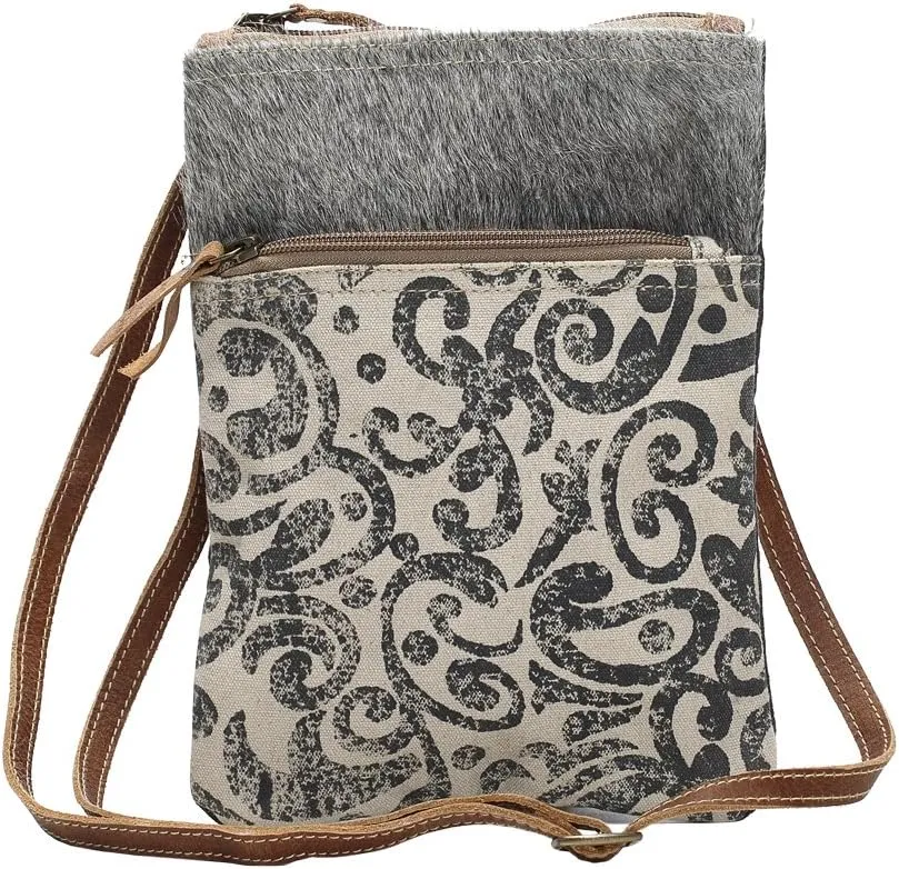 Myra Bag Leaf Swirls Cowhide & Upcycled Canvas Crossbody Bag S-1155