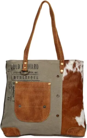 Myra Bag Leather Pocket Upcycled Canvas Tote Bag S-1236, Brown, One Size