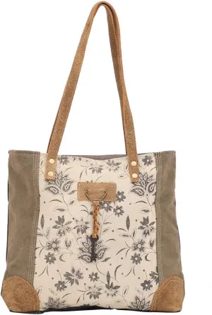 Myra Bag Unique Key Upcycled Canvas & Cowhide Tote Bag S-1522, Brown,