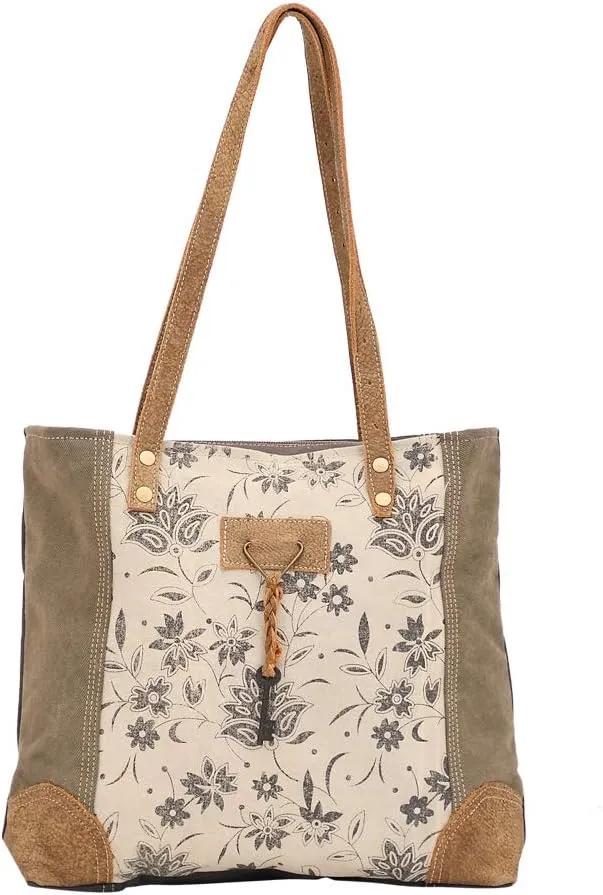 Myra Bag Unique Key Upcycled Canvas & Cowhide Tote Bag S-1522, Brown,