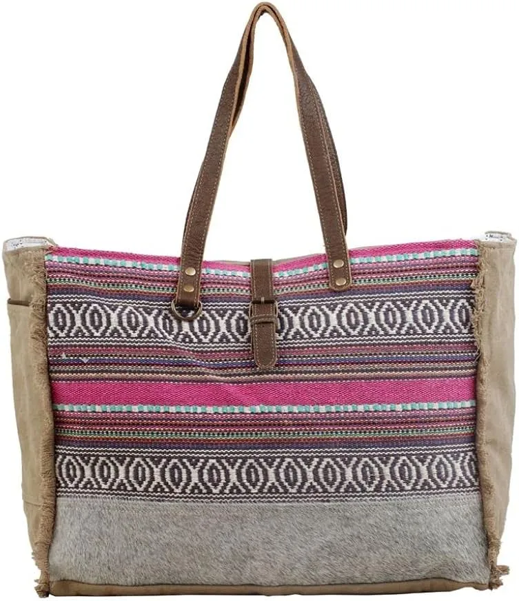 Myra Bag Vibrant Boho Weekender Bag Upcycled Cotton & Leather S-2802