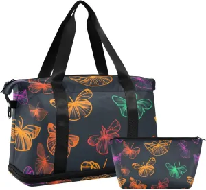 Neon Colored Butterfly Duffel Bags Travel Weekender Gear Bag with Adjustable Strap for Workout Foldable