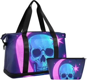 Neon Colored Stars Moons and Skeletons Travel Duffel Bag Travel Weekender Gear Bag with Adjustable Strap for Sports Waterproof