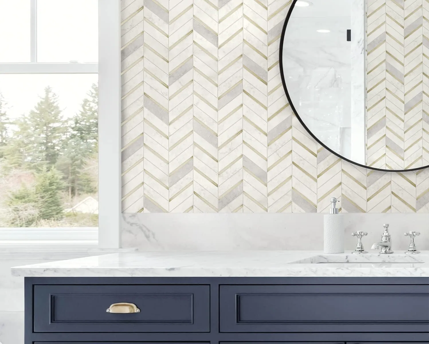 NextWall Faux Chevron Marble Tile Peel and Stick Wallpaper (Metallic Gold & Pearl Gray)