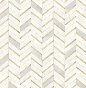 NextWall Faux Chevron Marble Tile Peel and Stick Wallpaper (Metallic Gold & Pearl Gray)