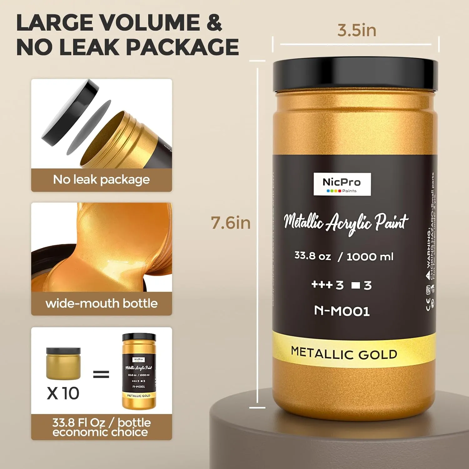 Nicpro Acrylic Paint Metallic Gold, 33.8oz/1000ml Large Gold Leaf Paint, Non Toxic, Non Fading for Art Painting, Handcrafts, Ideal for Multi-surface, Canvas, Wood, Clay, Fabric, Metal, Furniture