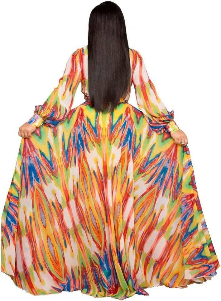 Nuofengkudu Womens Chiffon Deep V-Neck Stripe Printed Maxi Dress Unique Loose Summer Boho Dresses High Waiste(S-5XL)