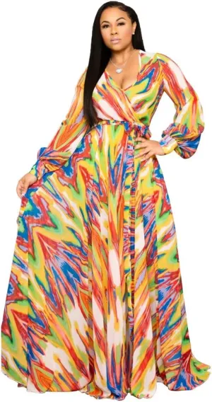 Nuofengkudu Womens Chiffon Deep V-Neck Stripe Printed Maxi Dress Unique Loose Summer Boho Dresses High Waiste(S-5XL)