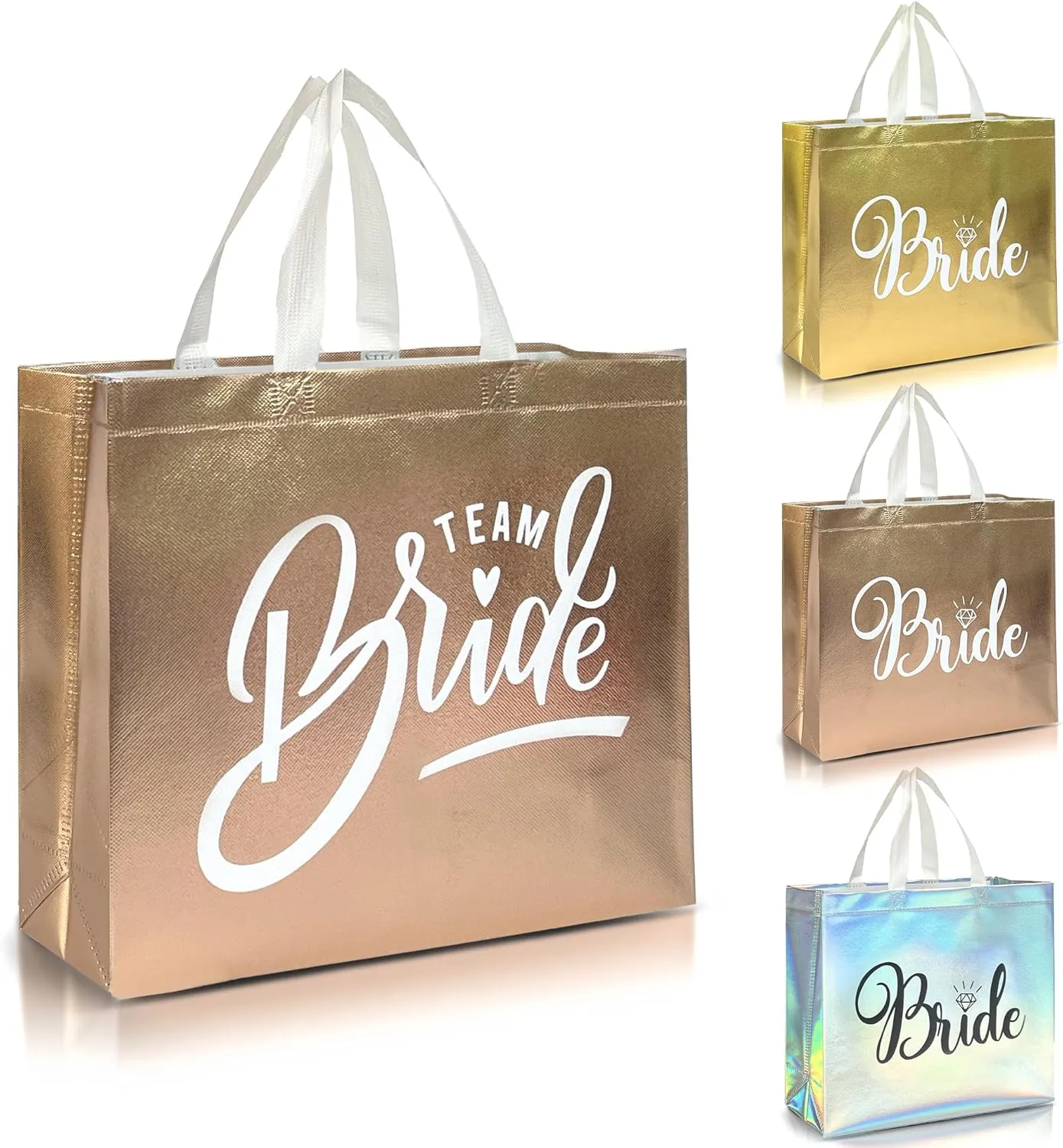 Nush Nush Set of 12 Reusable Rose Gold Bridesmaids Gift Bags In Bulk With 3 x Bride and 9 x Team Bride Party Bags - Wedding Favors, Bachelorette Party, Bridesmaid Gifts, Bridal Shower- 11" x 5" x 13"