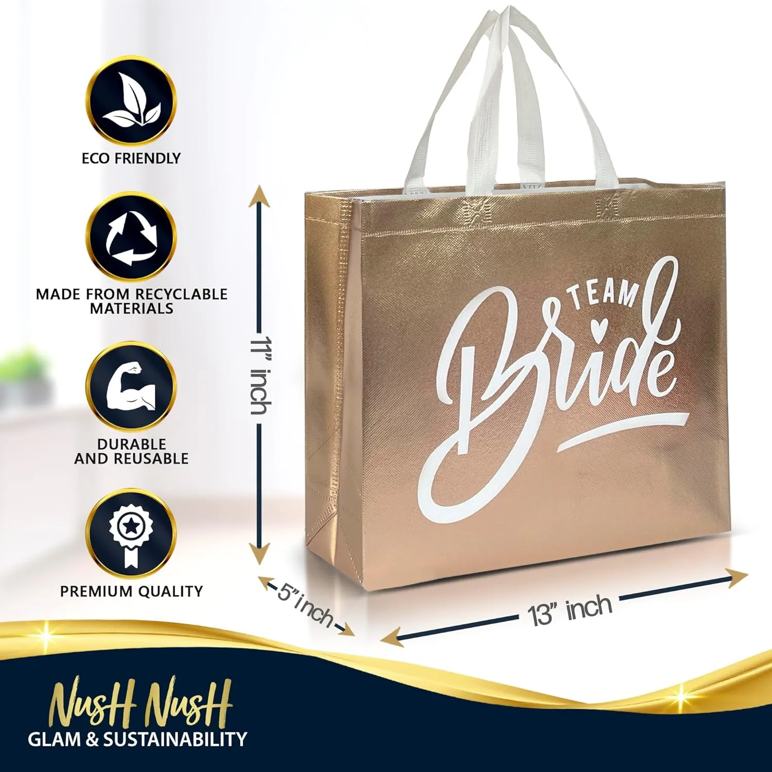 Nush Nush Set of 12 Reusable Rose Gold Bridesmaids Gift Bags In Bulk With 3 x Bride and 9 x Team Bride Party Bags - Wedding Favors, Bachelorette Party, Bridesmaid Gifts, Bridal Shower- 11" x 5" x 13"