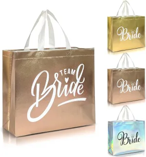 Nush Nush Set of 12 Reusable Rose Gold Bridesmaids Gift Bags In Bulk With 3 x Bride and 9 x Team Bride Party Bags - Wedding Favors, Bachelorette Party, Bridesmaid Gifts, Bridal Shower- 11" x 5" x 13"