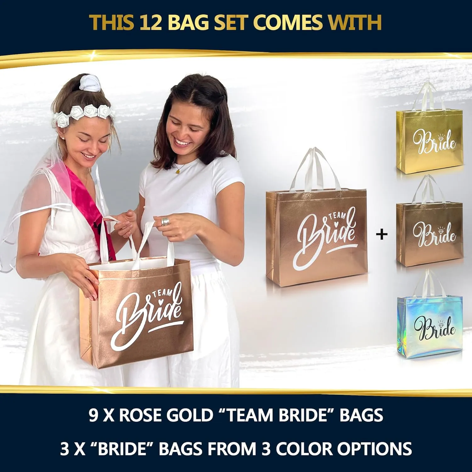 Nush Nush Set of 12 Reusable Rose Gold Bridesmaids Gift Bags In Bulk With 3 x Bride and 9 x Team Bride Party Bags - Wedding Favors, Bachelorette Party, Bridesmaid Gifts, Bridal Shower- 11" x 5" x 13"