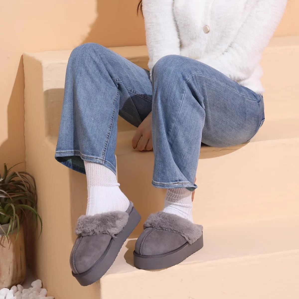 OOW Fuzzy Platform Slippers for Women - Women's Casual Winter House Slippers - Brown, Faux Fur & Shearling Blend - Women's Size