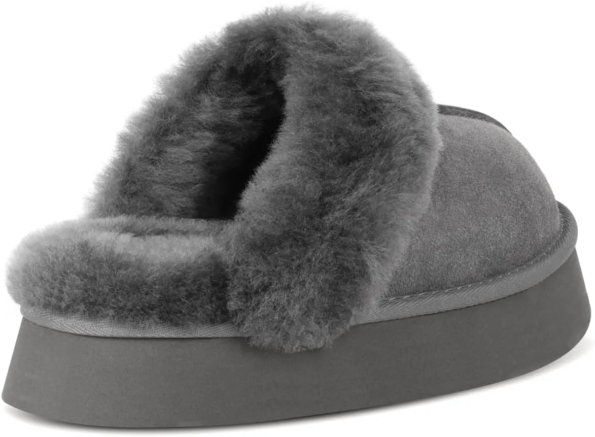 OOW Fuzzy Platform Slippers for Women - Women's Casual Winter House Slippers - Brown, Faux Fur & Shearling Blend - Women's Size