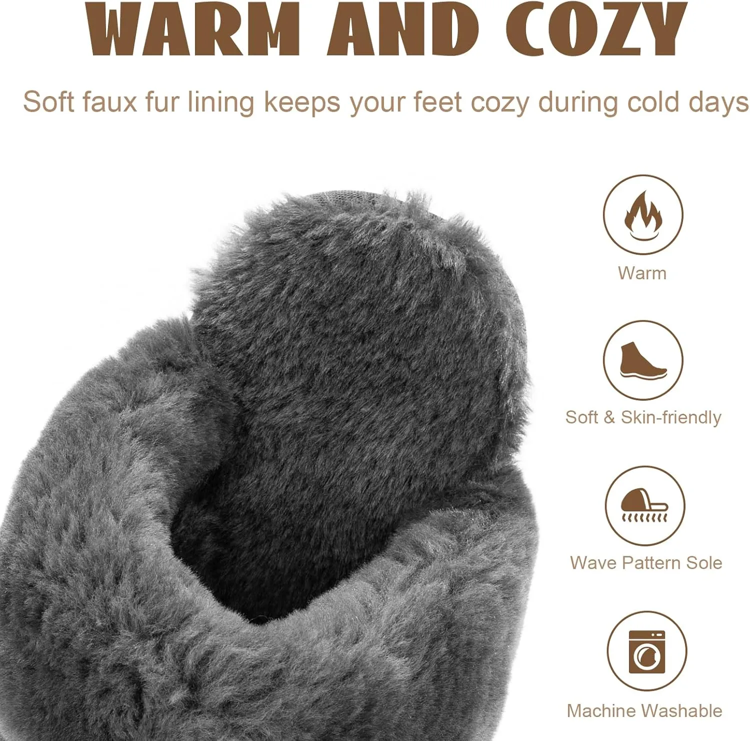 OOW Fuzzy Platform Slippers for Women - Women's Casual Winter House Slippers - Brown, Faux Fur & Shearling Blend - Women's Size
